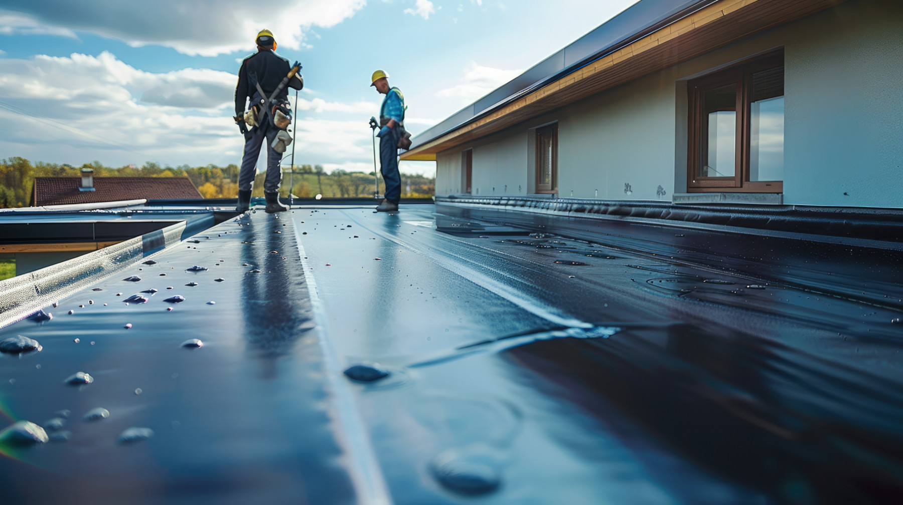 Roofers applying a sealant coating to a low-pitch, flat roof of a modern residential home.