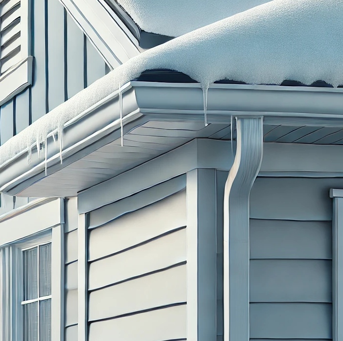 Snow on roof and Icicle hanging from an eavestrough.