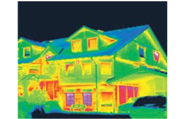 A thermal view of a home, showing where warmth is indicates where heat is being loss