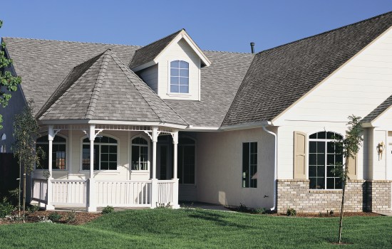 Gray asphalt roof with a gazebo.