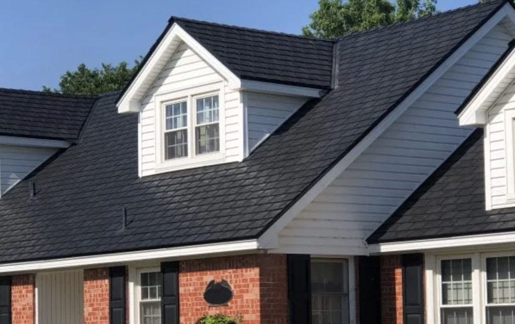 Detail of roof with EuroShield® Shake and Slate: Premium Long-Lasting Roofing Shingles.