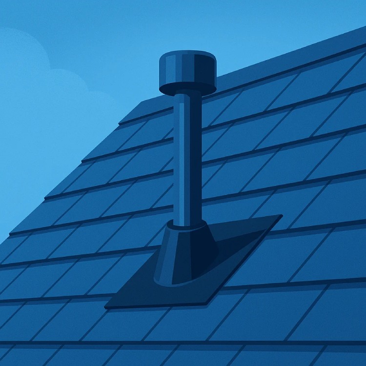 Close up of plumbing vent on residential roof.
