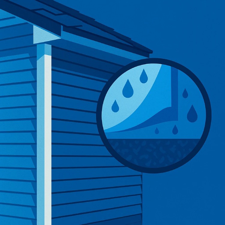 Illustration that showcases vinyl siding of a house with an circle cut out showing the moisture barrier underneath.