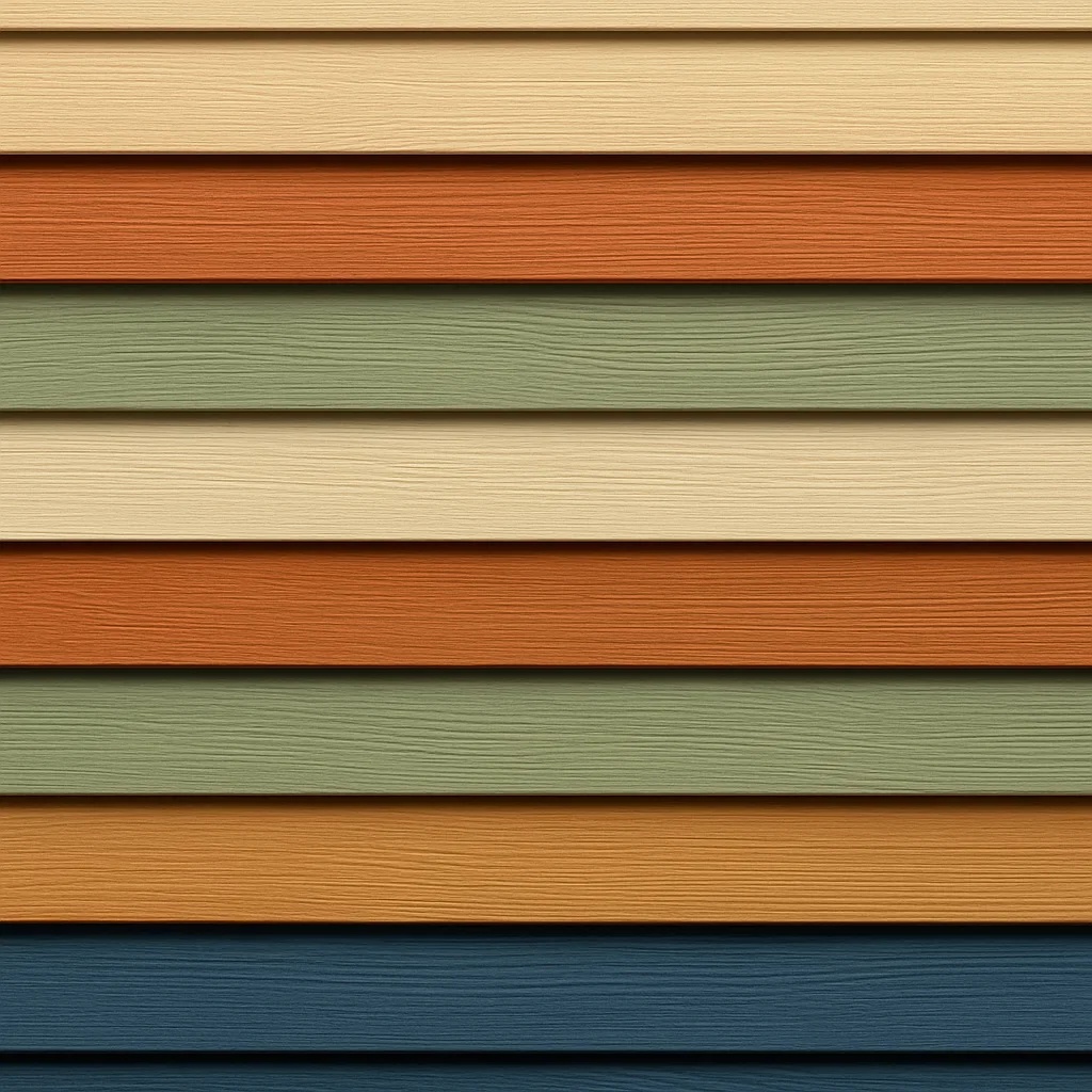 Horizontal siding in various earthy colours.