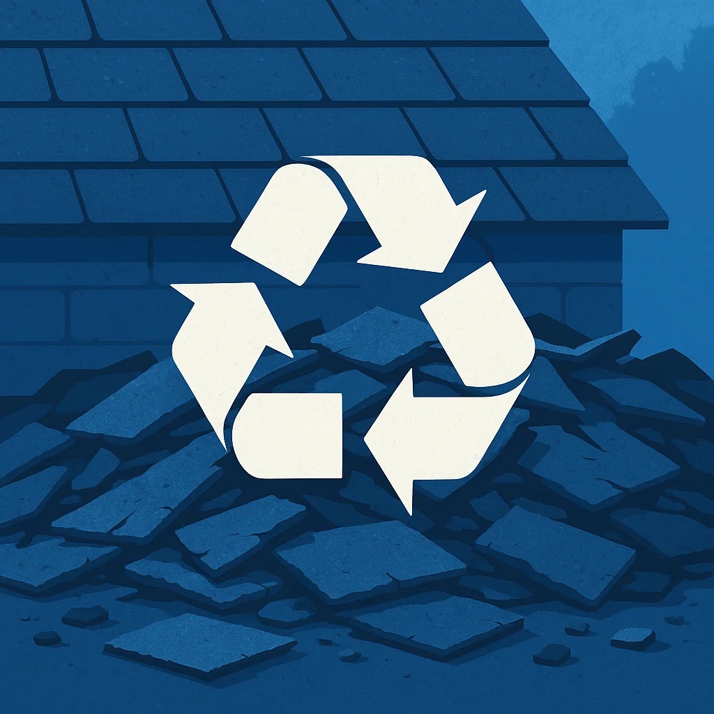 Close up of loose shingles on the ground with a recycling symbol in front.