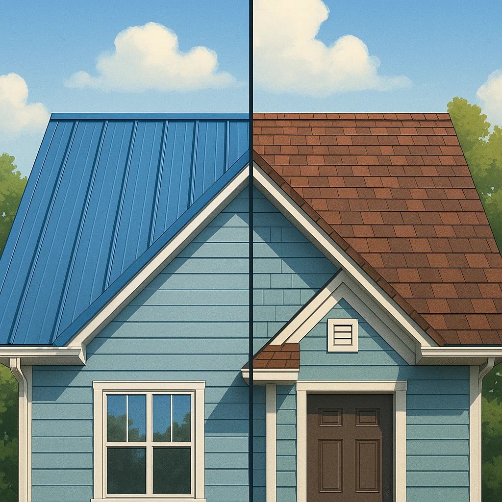 Illustration of a house split in half to compare roofing styles. The left side shows a blue metal roof, while the right side shows a brown shingled roof.