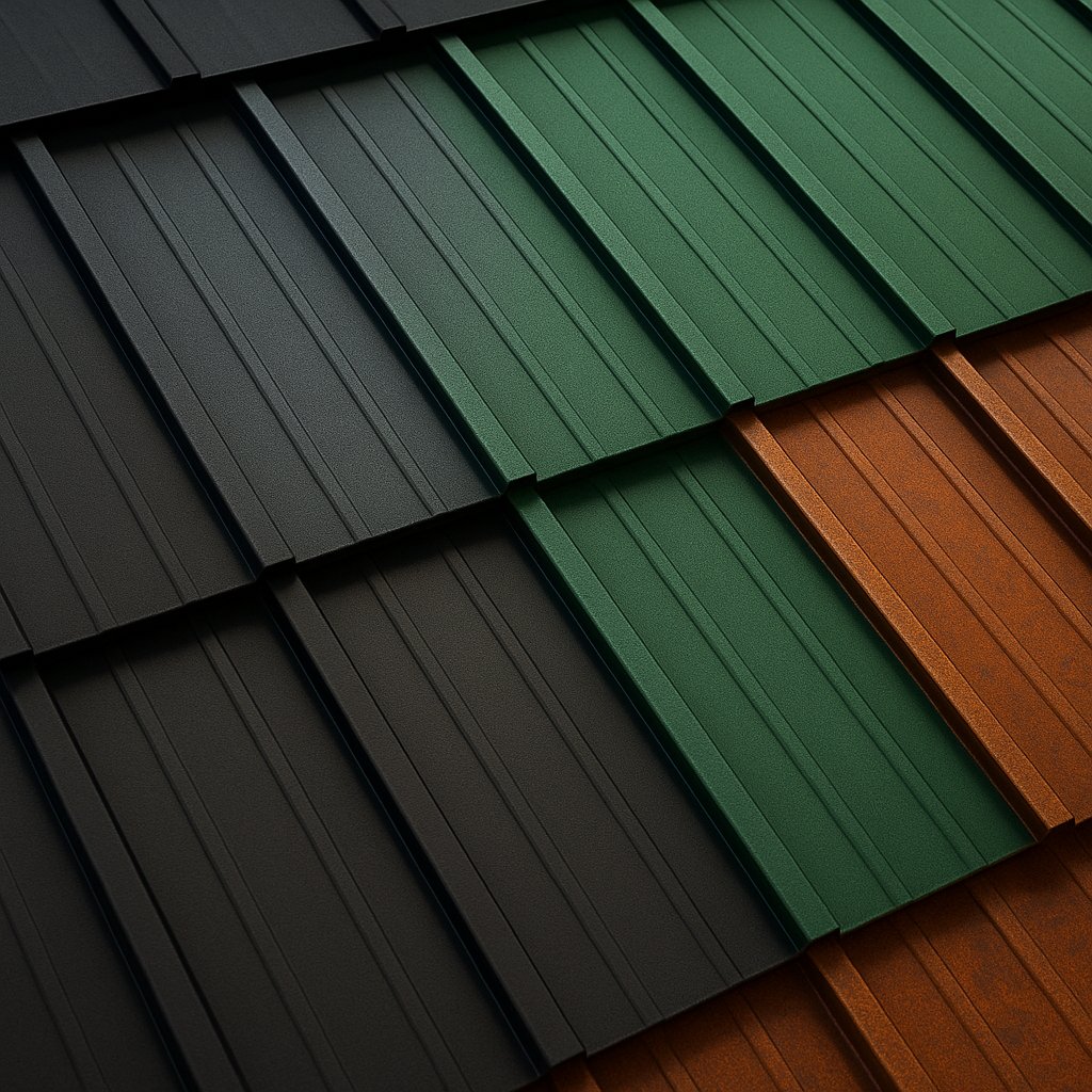 Close-up view of metal roofing panels in three colours—black, green, and rust brown.