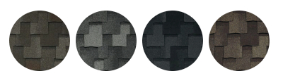 Four circular samples of Armourshake roofing shingles in varied shades: dark brown, light and dark gray blend, solid black, and deep brown mix.