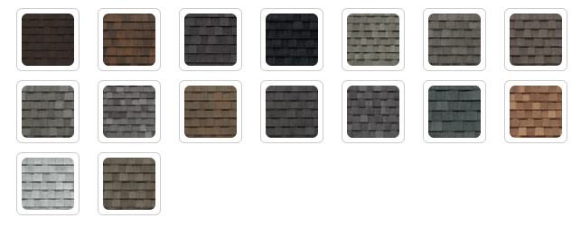 A grid of 14 roofing shingle color options, ranging from dark brown, black, gray, and tan to lighter blends of gray and beige.