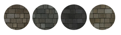 Four circular samples of Royal Estate roofing shingles in different shades, including brown, charcoal, black, and gray blends.