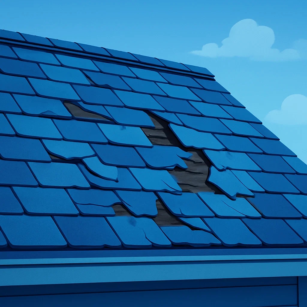 Illustration that showcases a close up of a Roof with damaged shingles.