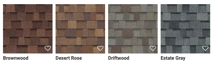 Four samples of roofing shingles in different colors: Brownwood Desert Rose, Driftwood, and Estate Gray.